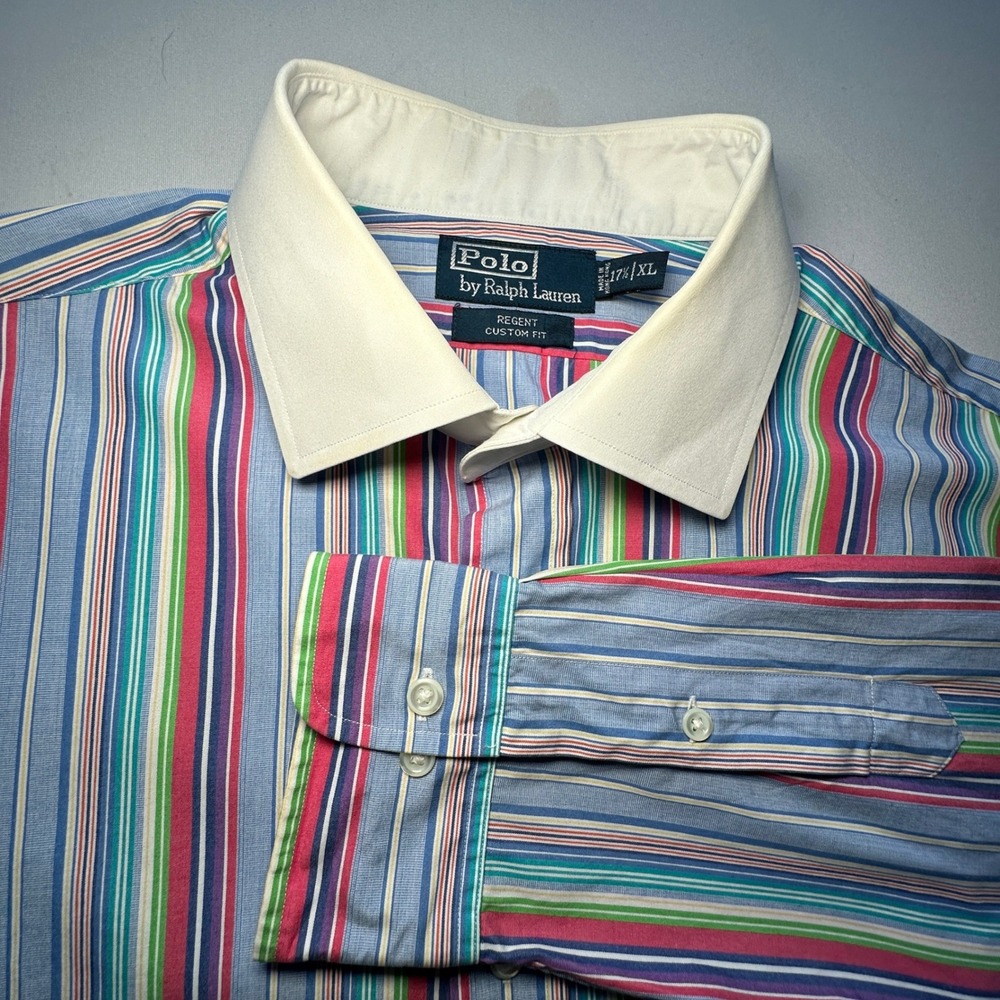 VTG Ralph Lauren Contrast Collar Shirt Mens XL Candy Stripe Regent Ivy‎ Preppy
